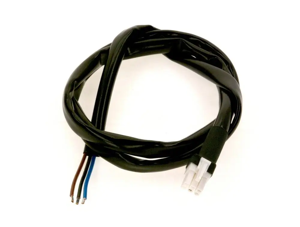 Schwarzes Kabel mit drei isolierten Leitungen in Braun, Blau und Grau, verbunden mit einem weißen Molex-Stecker. Teil eines Bosch Produkts.
